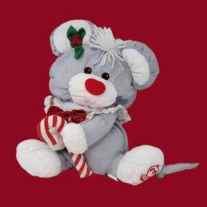 Vintage 1987 Fisher Price Puffalump Christmas Mouse Plush Gray Red Candy Cane